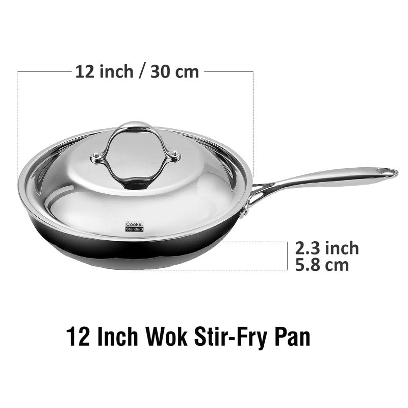 Cooks Standard Stainless Steel Frying Pan 12 Inch, Multi-Ply Full Clad Wok Stir-Fry Cooking Skillet Pans with Dome Lid, Stay-Cool Handle, Dishwasher Safe, Oven Safe 500Â°F, Silver - Image 2